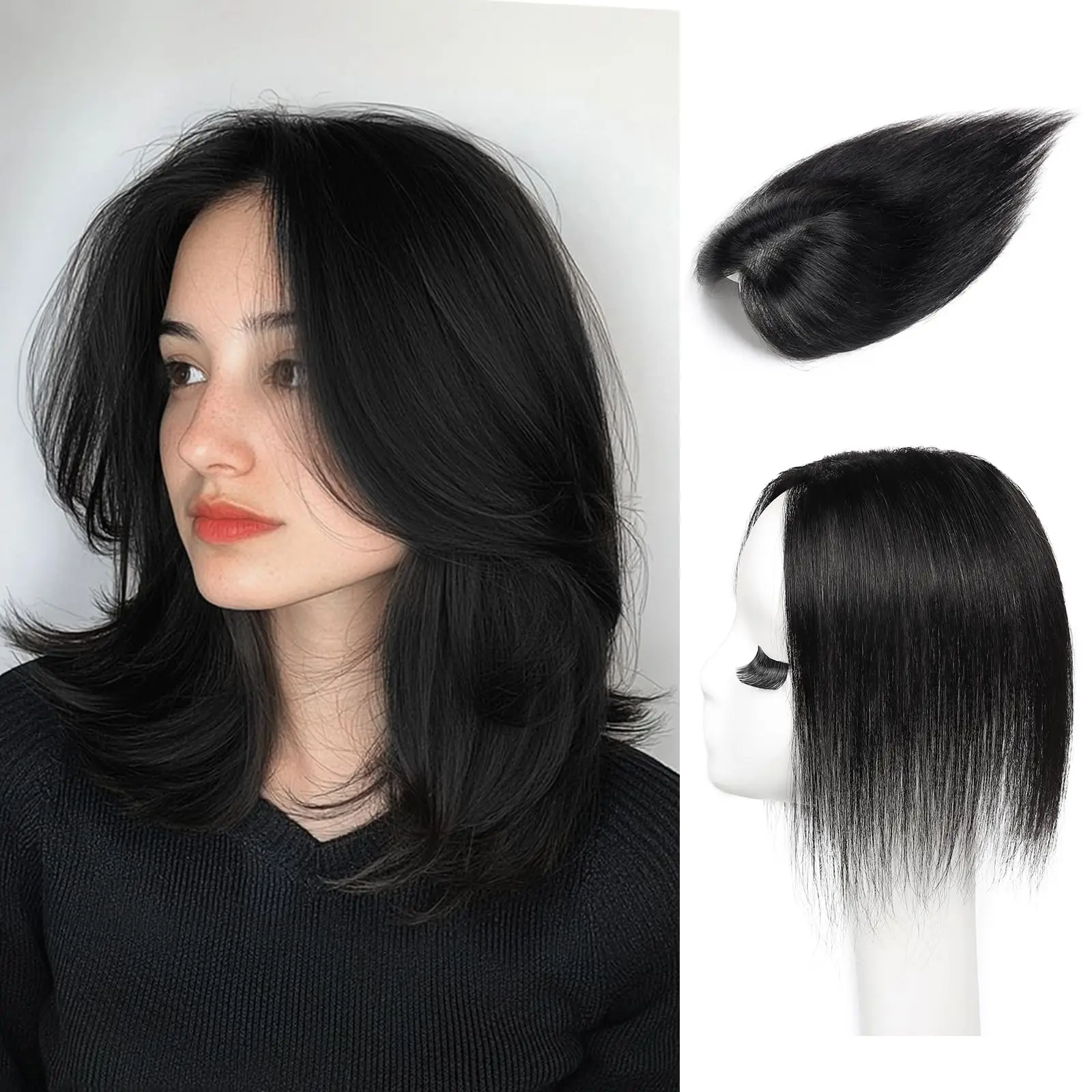 Real Human Hair Topper Clip In Hairpiece Women Silk Base Breathable Hair Toupee Natural Black Hair Extensions Women's Wig