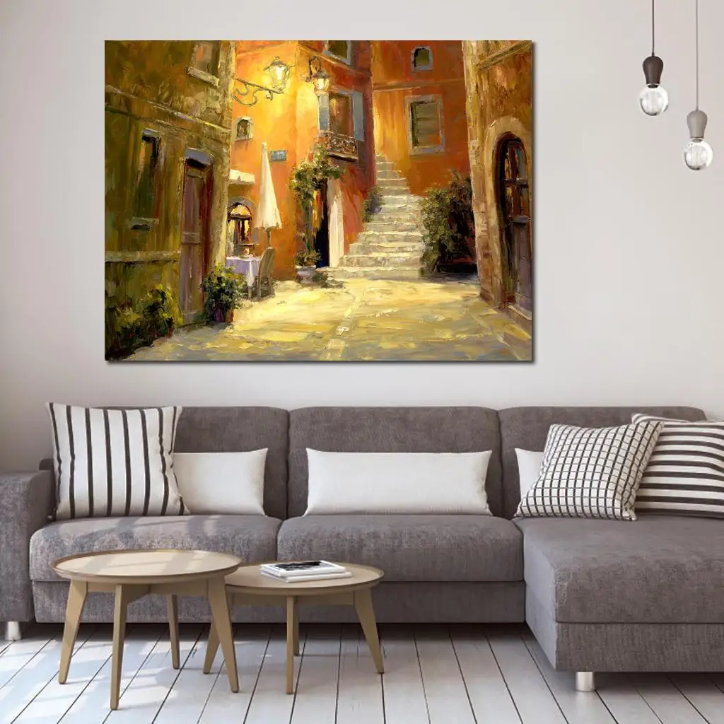 Wall Art Village Paintings Lighted Alley Hand-Painted Oil Paintings Street Steps Home Decor