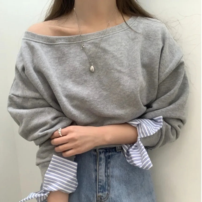 Korean Style Shoulder Bared One-Shoulder Sweatshirt Loose Fit Cotton Material Long Sleeve Casual Ladies' Fashion