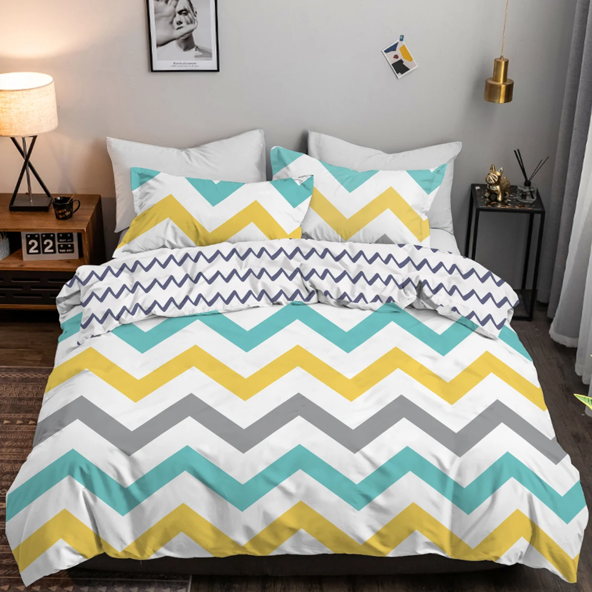 

BlessLiving 3PCS Striped Wavy Duvet Cover Set Super Soft Lightweight Yellow Green Gray Print Reversible Design Comforter Cover