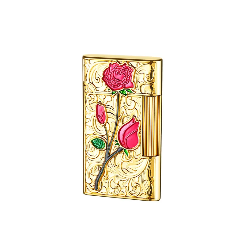 Embossed Rose Side Sliding Grinding Wheel Kerosene Lighter, Open Flame, Metal, Personalized Fashionable and Exquisite Gift