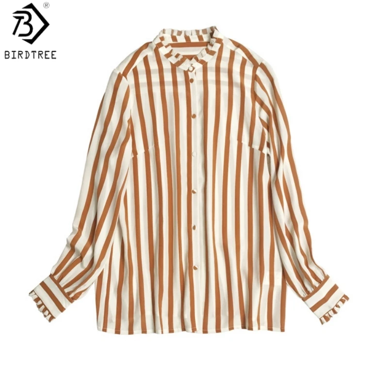 Birdtree, 18MM 100%Silk Stripe Blouse, Full Sleeve Ruffle Neck Shirt, Women Sand Wash Double Crepe Retro Tops, 2026 New T66207JF