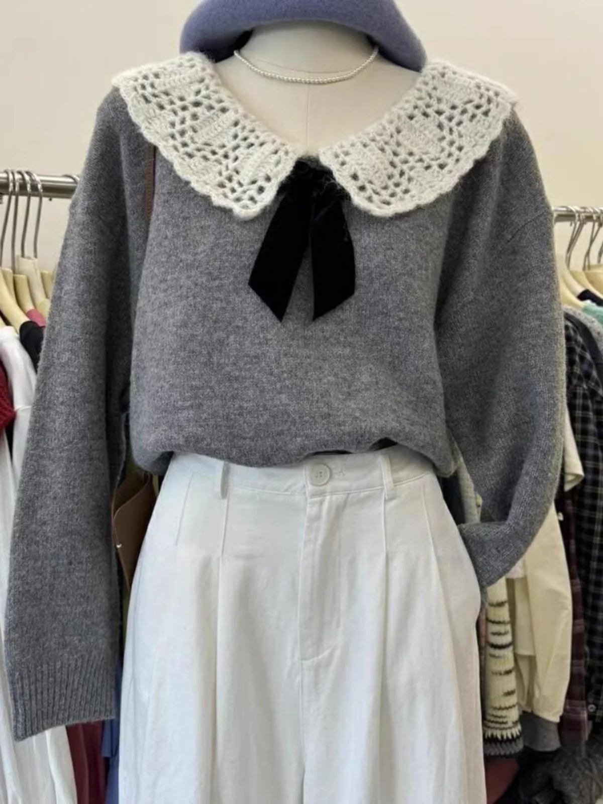 

ay Doll Collar Loose Knitted Sweater for Women Autumn Winter Knot Top Casual Comfortable Long Sve irt