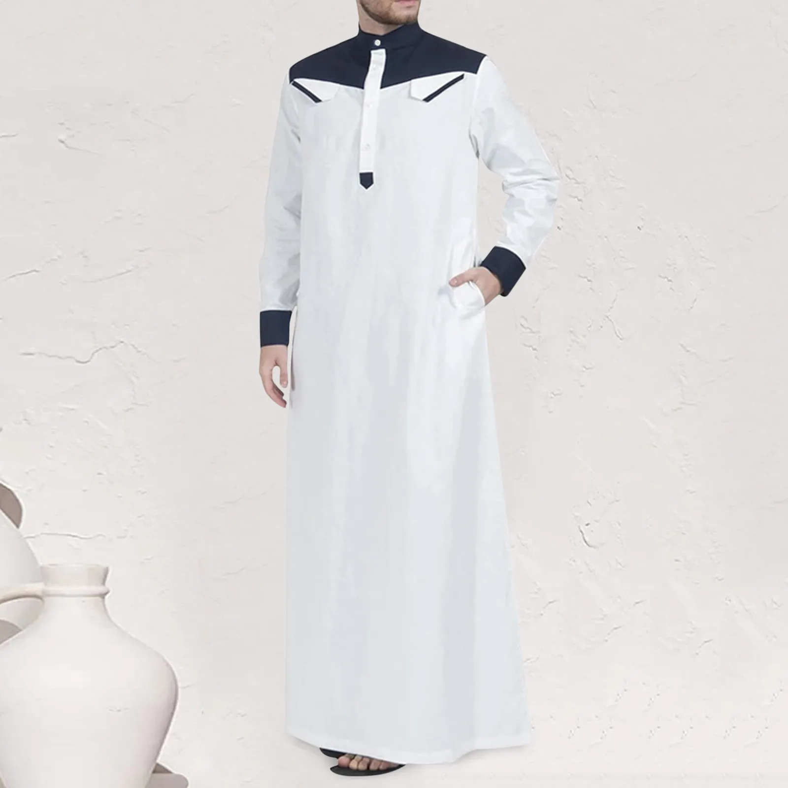 Traditional Muslim Mens Clothing Contrast Color Muslim Robes Casual Round Neck Buttons Long Sleeves Muslim Robe For Middle East