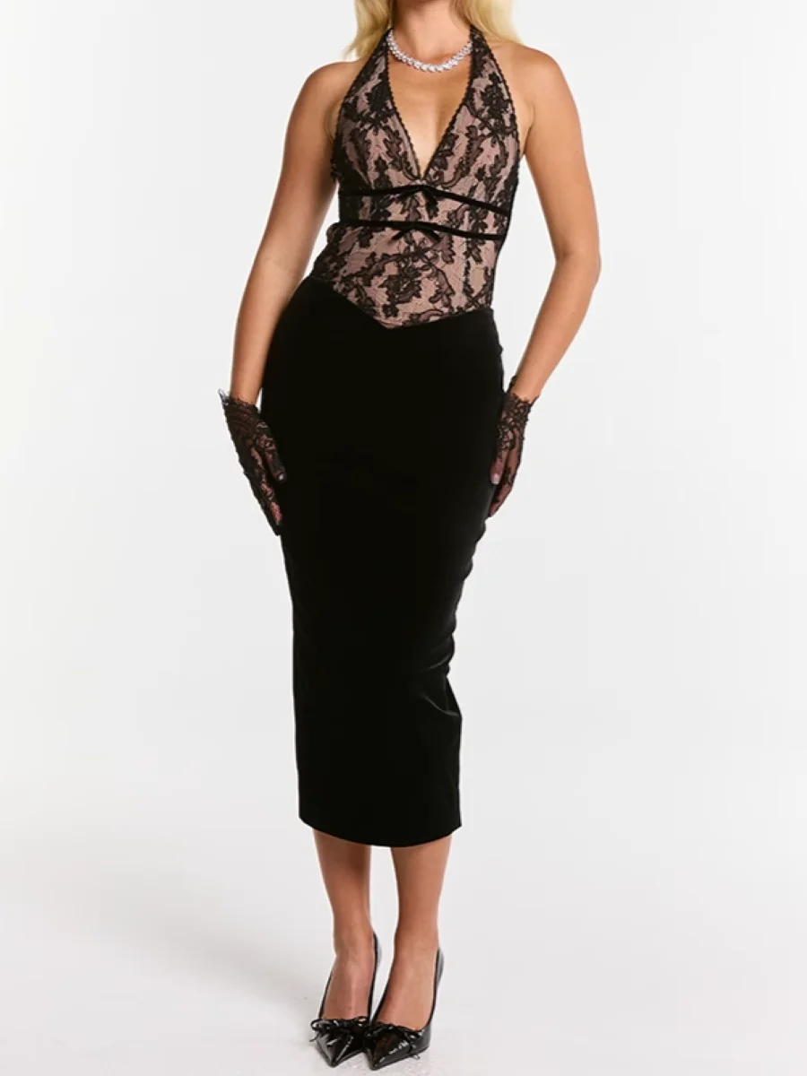 

Lace Embroidery Patchwork Women's Dress Sleeveless V-Neck High Waist Holiday Ladies Mini or Midi Robe