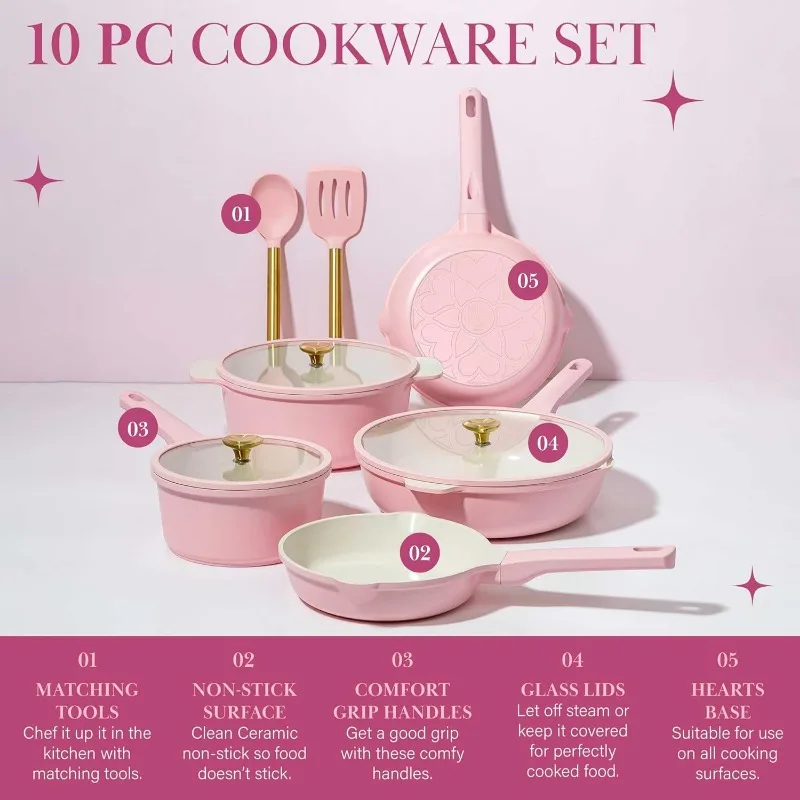 Paris Hilton Ceramic Nonstick Cookware Set, Cast Aluminum with Dual Layer Nonstick Coating, Dishwasher Safe, 10-Piece, Pink