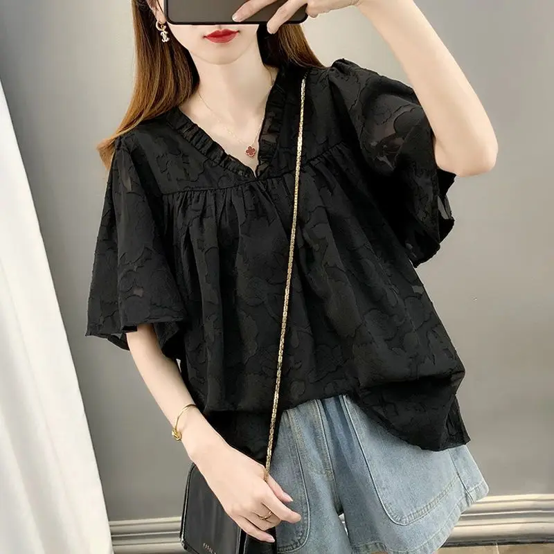 Fashion V-Neck Ruffles Spliced Blouse Women\'s Clothing Loose Casual Folds Summer All-match Solid Color Chic Jacquard Weave Shirt