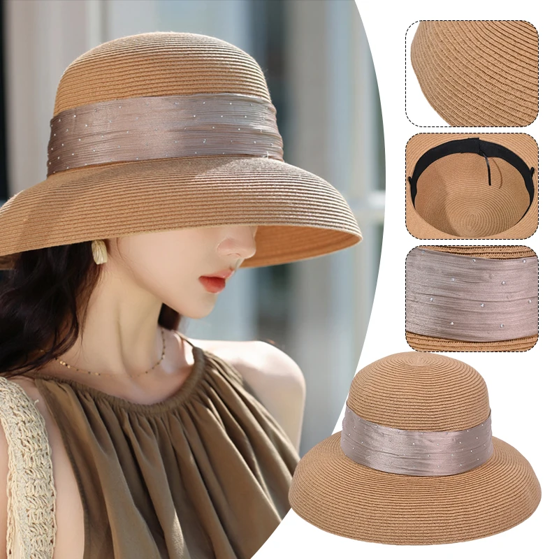 

Raffia Straw Hat Women Wide Brim Sun Hat French Style Beach Sun Protection Foldable Summer Vacation Travel Hat Outdoor