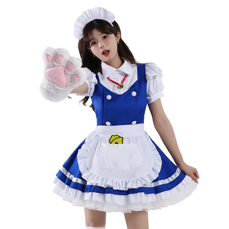 Disfraz Original de Lolita, Uniforme de Camarera, Falda Corta Amarilla, Vestido con Delantal para Mujer, Disfraz de Halloween, Cosplay, Anime Japonés