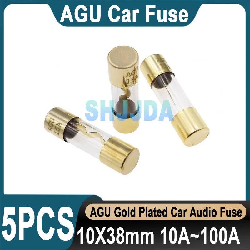 5Pcs Gold-Plated AGU Glass Fuse 10*38mm Car Audio Fuse Tube 100A 80A 70A 60A 50A 40A 30A 25A 20A 15A 10A Car Audio Fuse 10x38mm