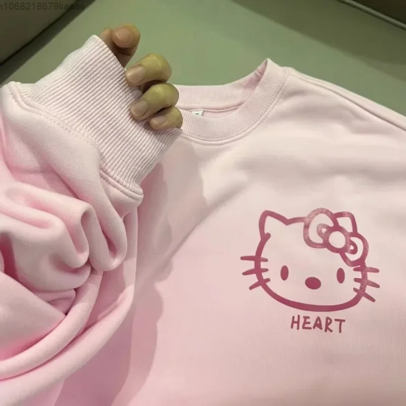 Hello Kitty Sweet Style Fashion Pullovers Korean Style Fashion Casual Versatile Round Neck Tops Y2k Cute Pink Loose Sweatshirt