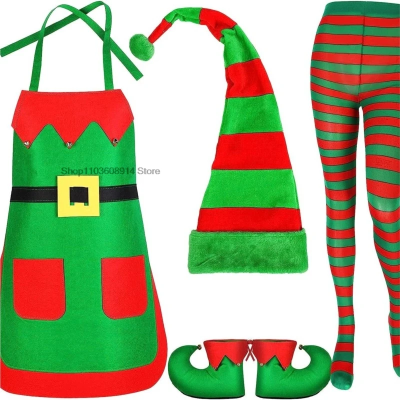 2025 New Christmas Santa Claus Costume Green Elf Cosplay Suit Family Carnival Party New Year Kitchen Apron Hat Socks Clothes Set