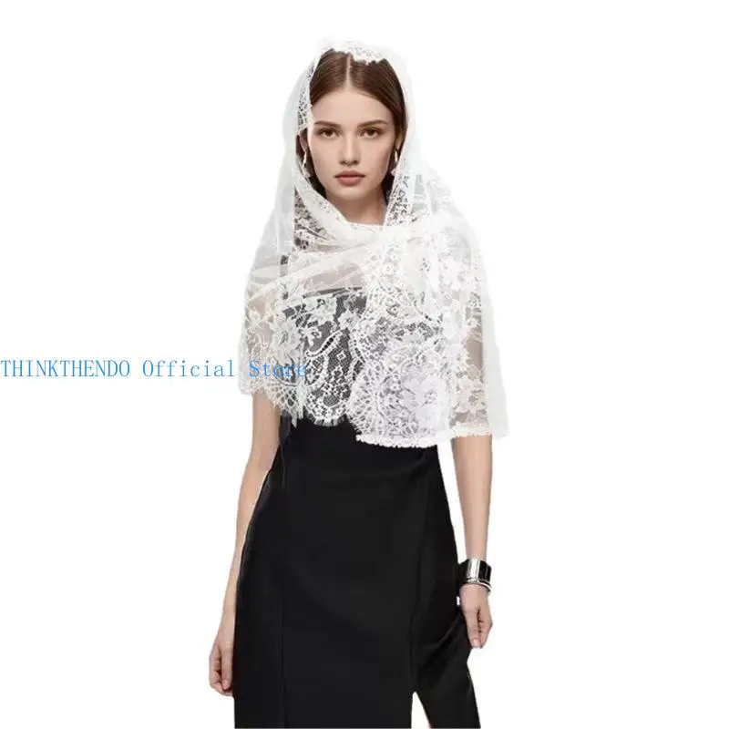 

652F Mysterious Church Veiled Scarf Shoulder Wrap Solid Color Shawl with Intricate Lace Designing For Weddings Ceremonies