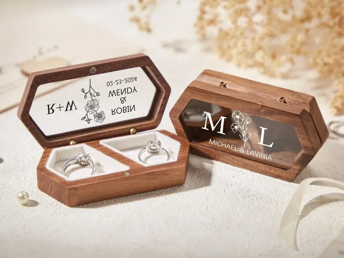 Personalized Wooden Ring Box with Acrylic Cover Custom Engraved Engagement Ring Holder Unique Wedding Ceremony and Proposal Gift