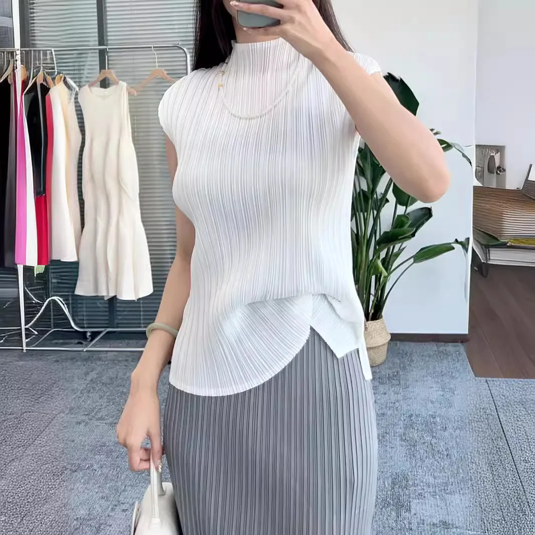 Miyake Pleated Design Niche High Collar Vest for Women Summer Outer T-shirt White Inner Sleeveless Pleated Top for Women