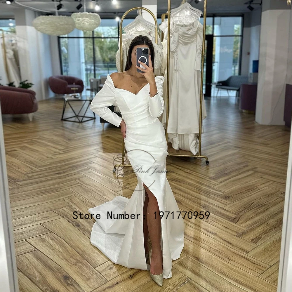 

Sweetheart White Full Sleeves High Slit Wedding Dresses For Princess Mermaid Court Train Bridal Gowns With Satin Lace Up Back