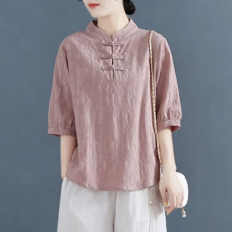 

Retro Pure Color Cotton Linen Embroidered irt Large Size Women's Faion Chinese Sle Button Stand Collar ort Sve Top