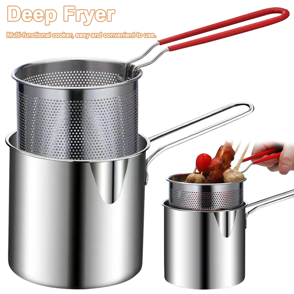 

Fry Pot with Strainer & Food Tongs Stainless Steel Tempura Small Deep Frying Pan Portable Cooking Pot for Kitchen Fried Chicken