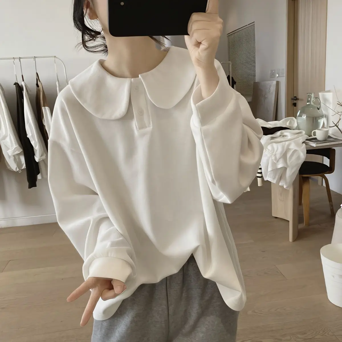 Polo Sweatshirt Women's Spring And Autumn 2023 New Loose Korean Design Feel Cotton Pullover Top