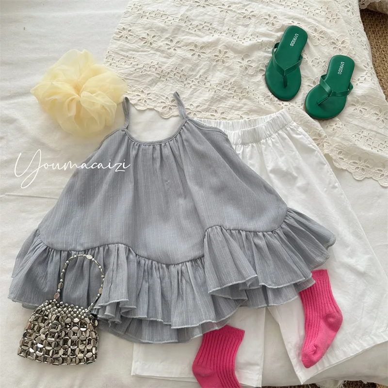 

Children Clothes 2025 Summer New Flounce Heavy Industry Girl's Suspender Shirt Tops or White Pants Trousers
