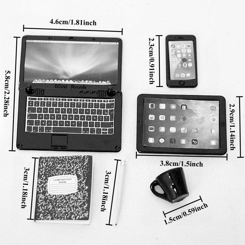 7PCS 인형집 미니어처 오피스 놀이 세트 미니 노트북 컴퓨터 태블릿 전화 램프 책 커피 머그컵 펜 인형집용 시뮬레이션