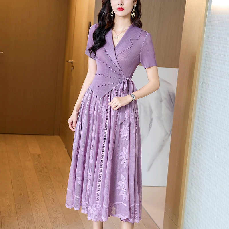 Female Green Print Patchwork Midi Pleated Dress Summer Short Sleeve V-Neck Elegant Dress 2024 Black Korean Vintage  Dress