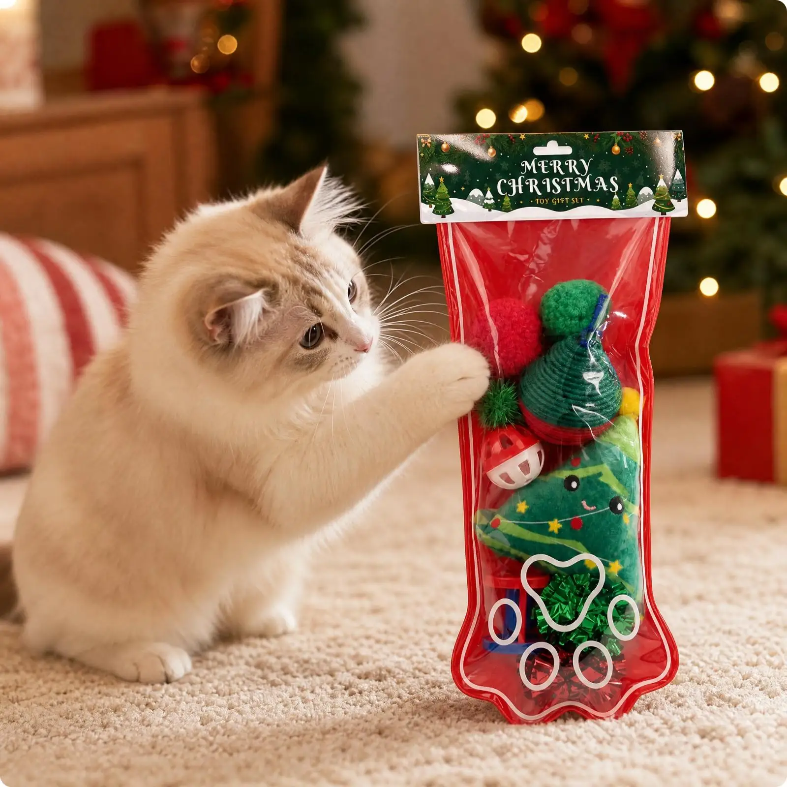 Christmas Cat Toy Pack Plush Rope Balls with Bells for Indoor Play Chew Chase Exercise Cute Kitten Gifts
