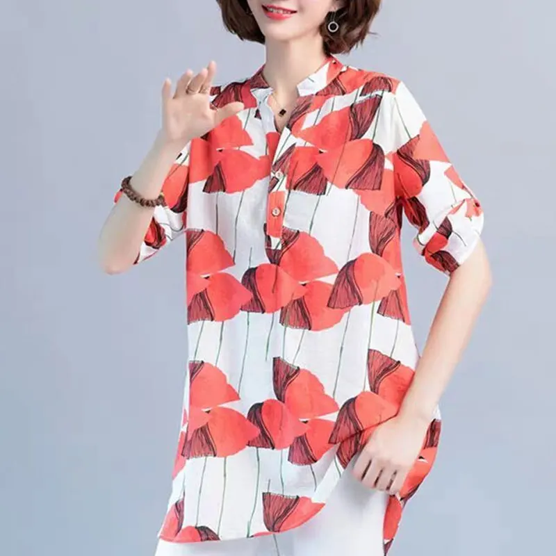 オフィスカジュアル V ネックボタンミディブラウス韓国ルース春夏スタイリッシュな花柄プリント女性服 3/4 スリーブシャツ JJ96
