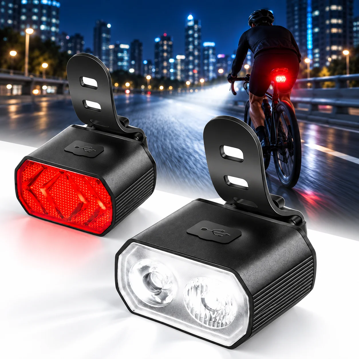 USB Rechargeable Bicycle Front Rear Light Set Multiple Modes Bike Headlight Tail Light for MTB Road Commuter Cycling