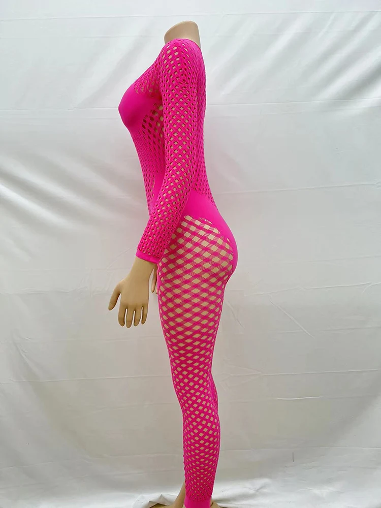 FHSEER Women's Plus Size Sexy Jumpsuit Fishnet Hollow Out Bodycon Long Sleeve Stretchy Jumpsuit Sexy Club Party Outfit image 6