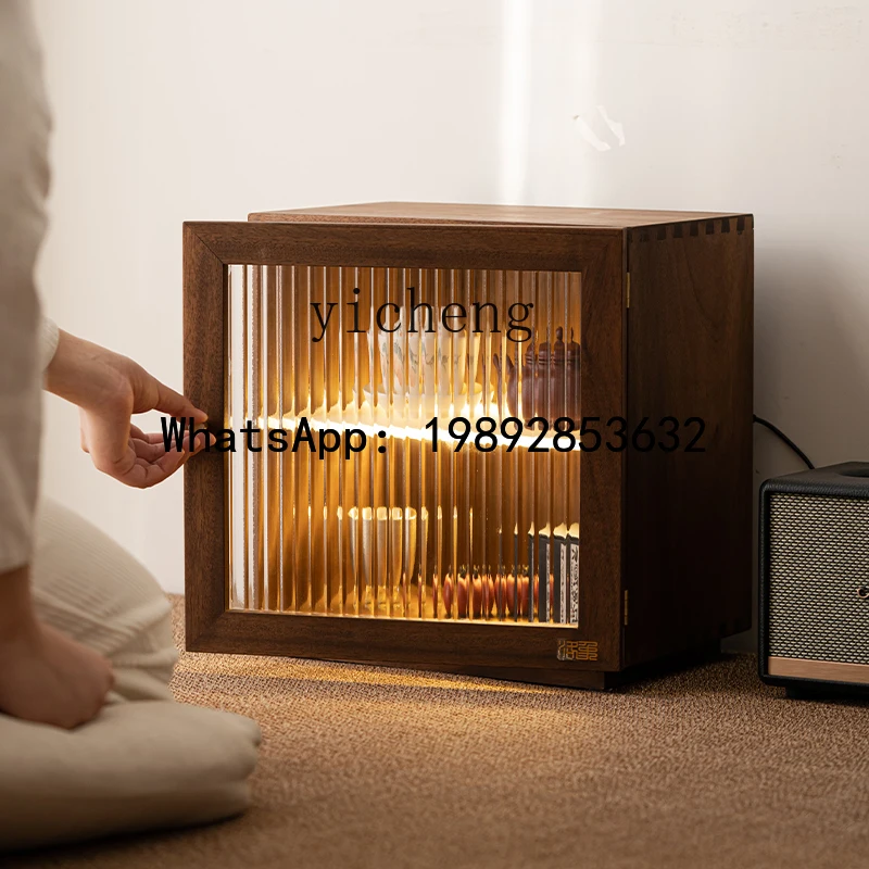 Walnut Creative Desktop Dust Storage Cabinet with Light Cup Shelf Tea Cabinet