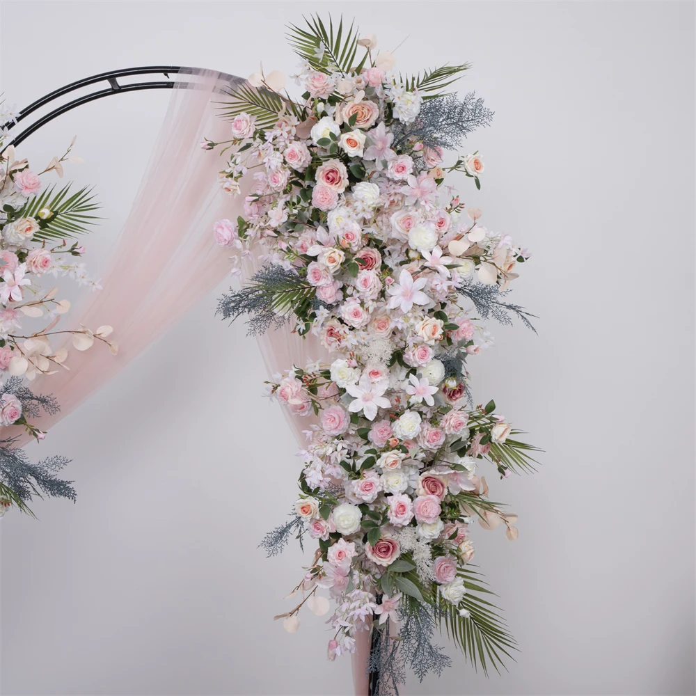 1m Artificial Light Pink Flowers Row with White Rose Peony Apple Leaves Fog Pine Floral Arrangement Decoration Mariage Props