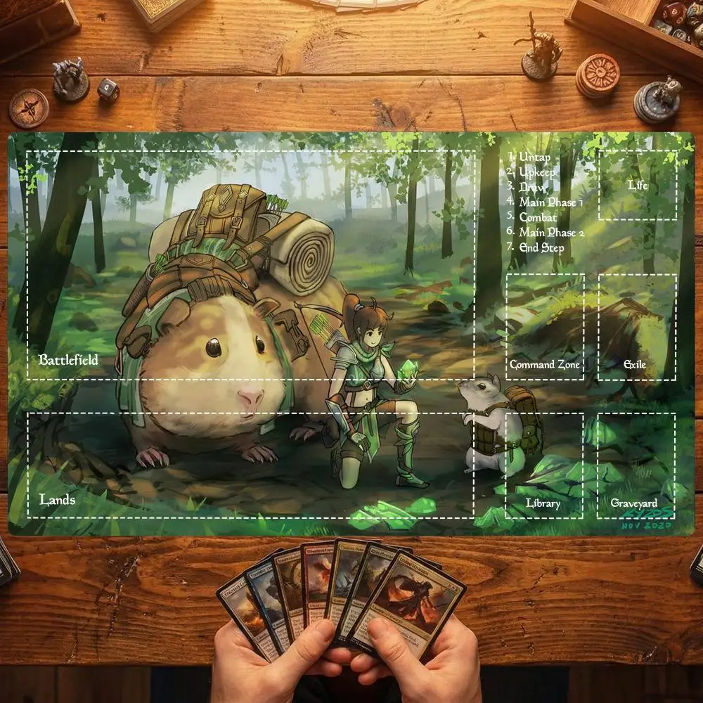 Forest Hamster Adventure Scene TCG Playmat 35X60CM Premium Magic Card Battle Mat Non-Slip Durable Stitched Edge Tabletop Playmat