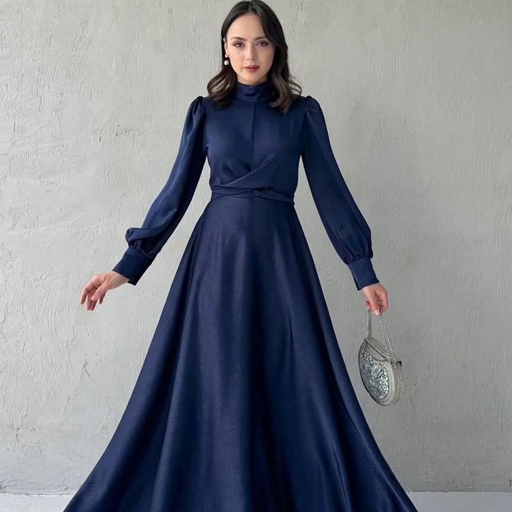 

Customized High Neckline SAtin Evening Dress Full Sleeves With Bow Zipper Party Dress Pleat A-line Floor Length Prom Gown