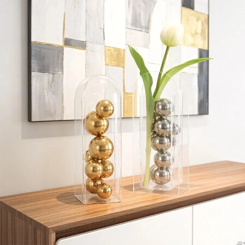 Golden/silver Ball Acrylic Transparent Box Abstract Handicraft Desk Decoration Sphericity Crafts Ornaments Room Aesthetics Decor