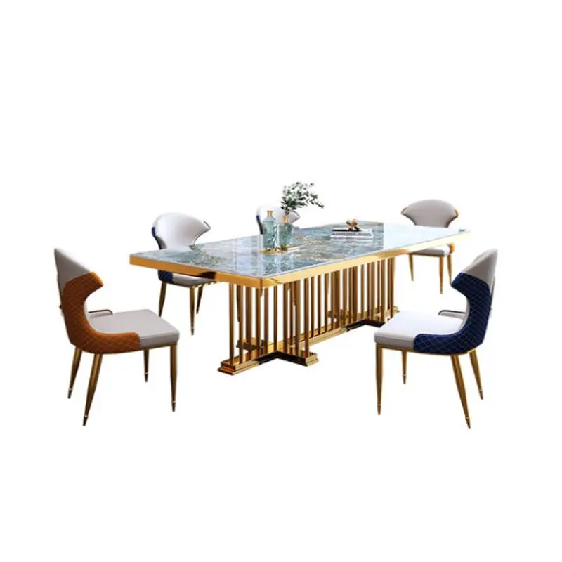 

^%Luxury Decoration Gold Stainless Steel Frame Rectangular Marble Top Dining Table Set for Wedding Home Dining Room Furniture