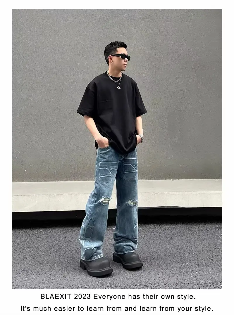 Y2K Jeans 2024 America ins Fashion Design Stitching Silhouette Washed Retro Straight Long Pants Harajuku hip hop y2k pants man