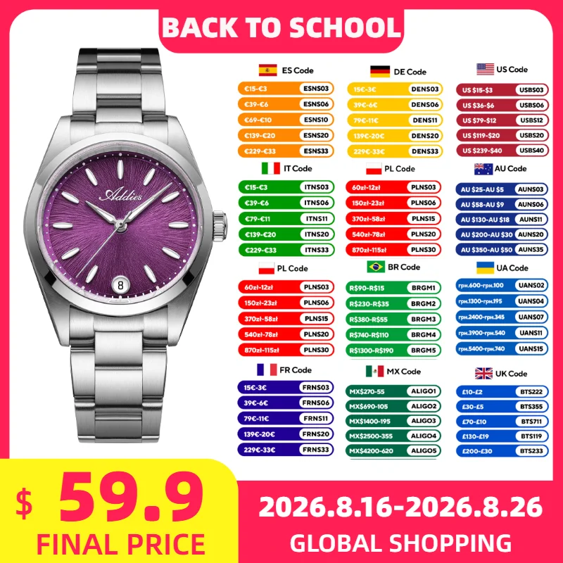 ADDIES High-End Luxury Women's Watch New Sapphire 316L Stainless Steel Waterproof Luminous Watches Elegant Ladies Dress Watches