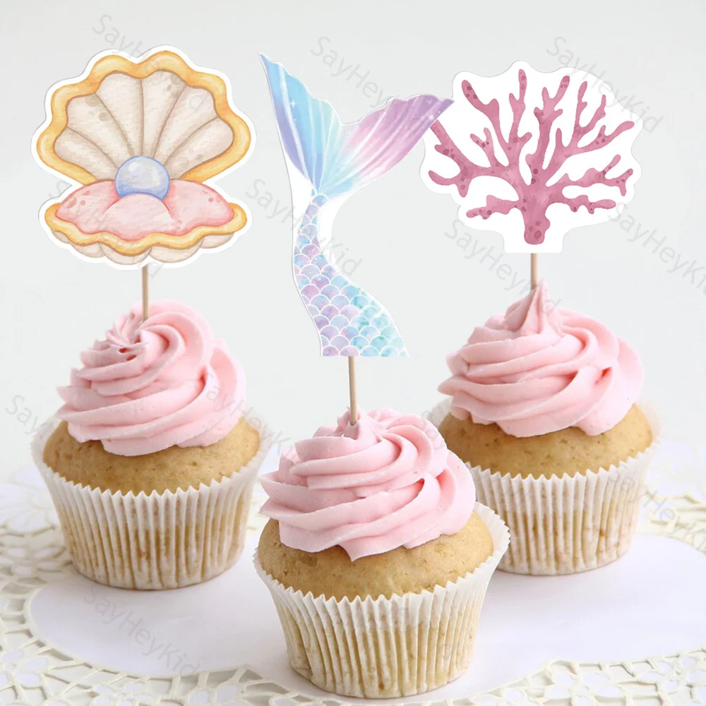 Ocean Cake Decorations Under the Sea Mermaid Cake Toppers Shell Coral Paper Cupcake Topper DIY Birthday Marine Party Cake Suppli