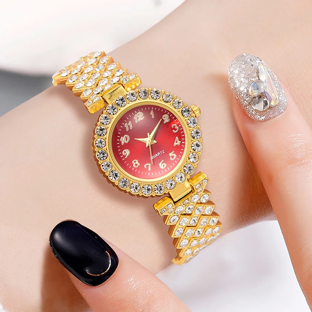 6PCS/Set Women's Red Alloy Strap Fashion Water Diamond Quartz Watch Necklace Earrings Jewelry Set