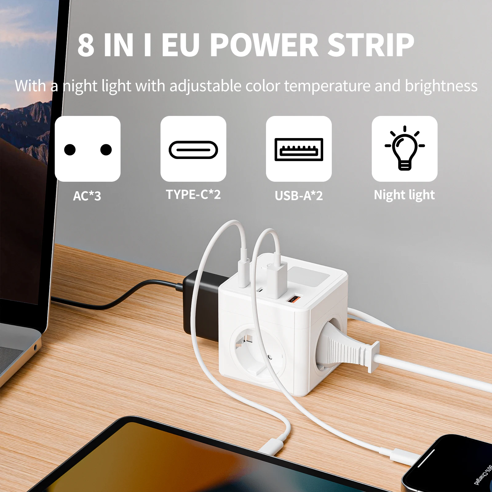 3-voudige stekkerdoos met 2 USB-aansluitingen en 2 type-aansluitingen, nachtlampje en 1,5m snoer voor slaapzaal en slaapkamer