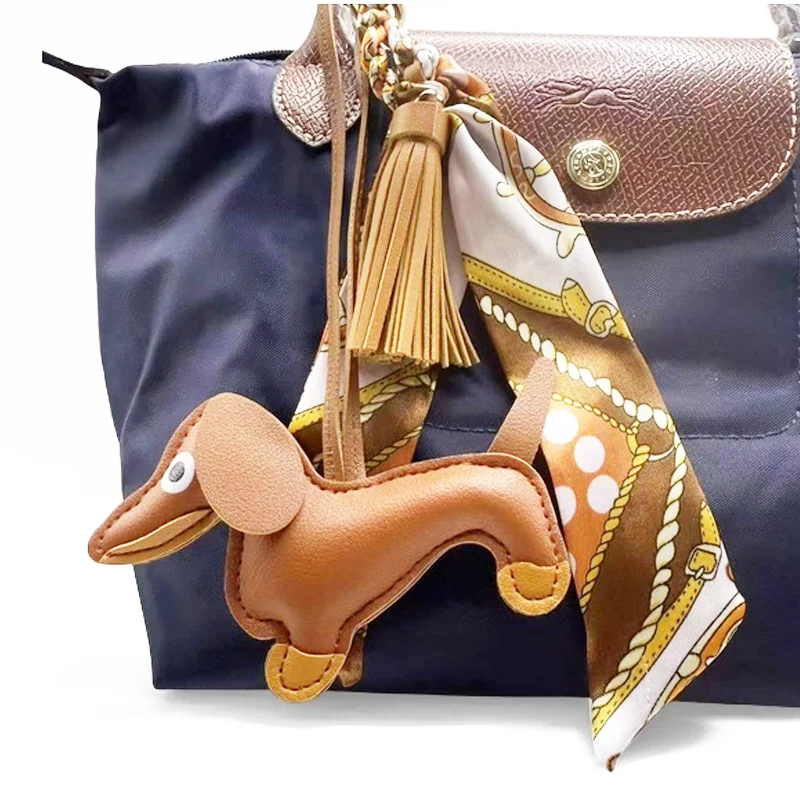 Hand-woven Silk Scarf Car Keychain Accessories PU Tassel Handbag Dachshund Pendant Tassels Key Chain for Women