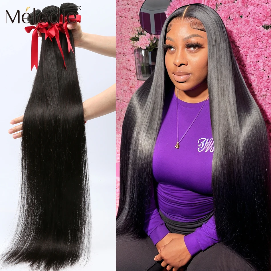 Melodie 30 32 40 Inch Straight Hair Bundles Brazilian Remy Human Hair Extension Natural Colored for Black Women