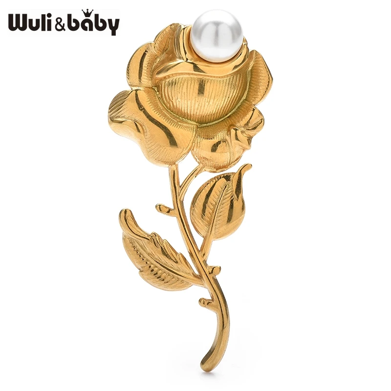 Wuli&baby Stainless Steel Pearl Rose Flower Brooch Pin Women And Men Suit Badge Cloth Jewelry Accessory