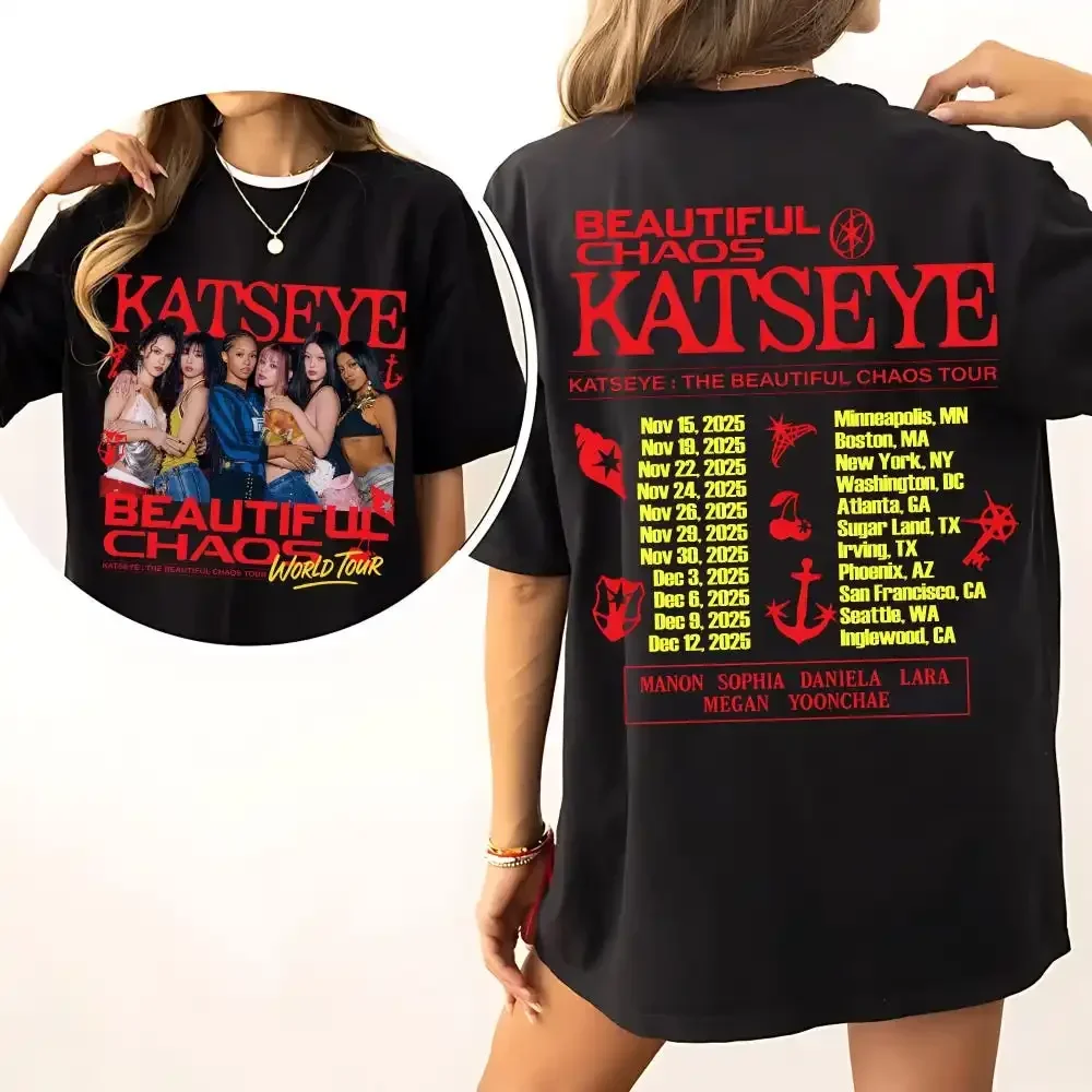 الرجعية Katseye جميلة الفوضى تي شيرت Kpop المحملة امرأة ورجل المتضخم المحملة الجرافيك تي شيرتات قصيرة الاكمام للجنسين الرجال النساء الصيف #3