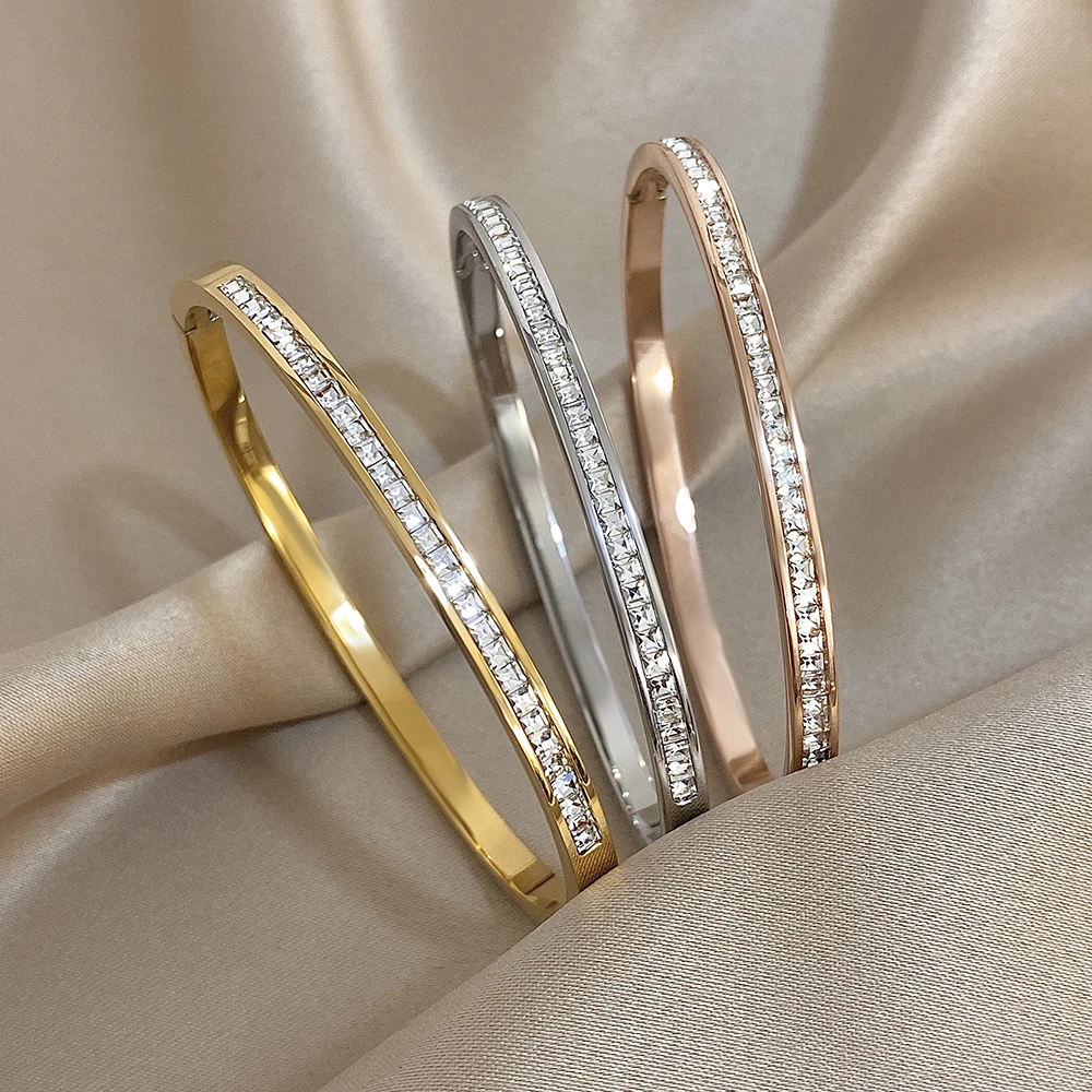 Bracelets en acier inoxydable avec strass brillants pour femmes, manchette empilée couleur or argent, bijoux cadeaux