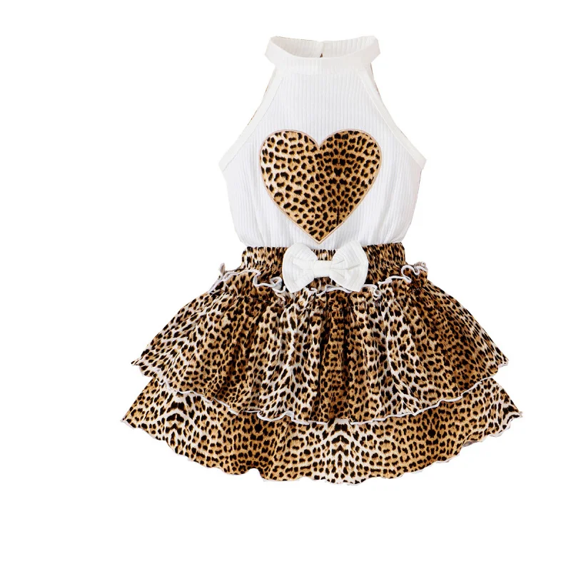 Girls' Spring Summer Halter Leopard Heart Print Vest Bowknot Lace Cake Dress Set