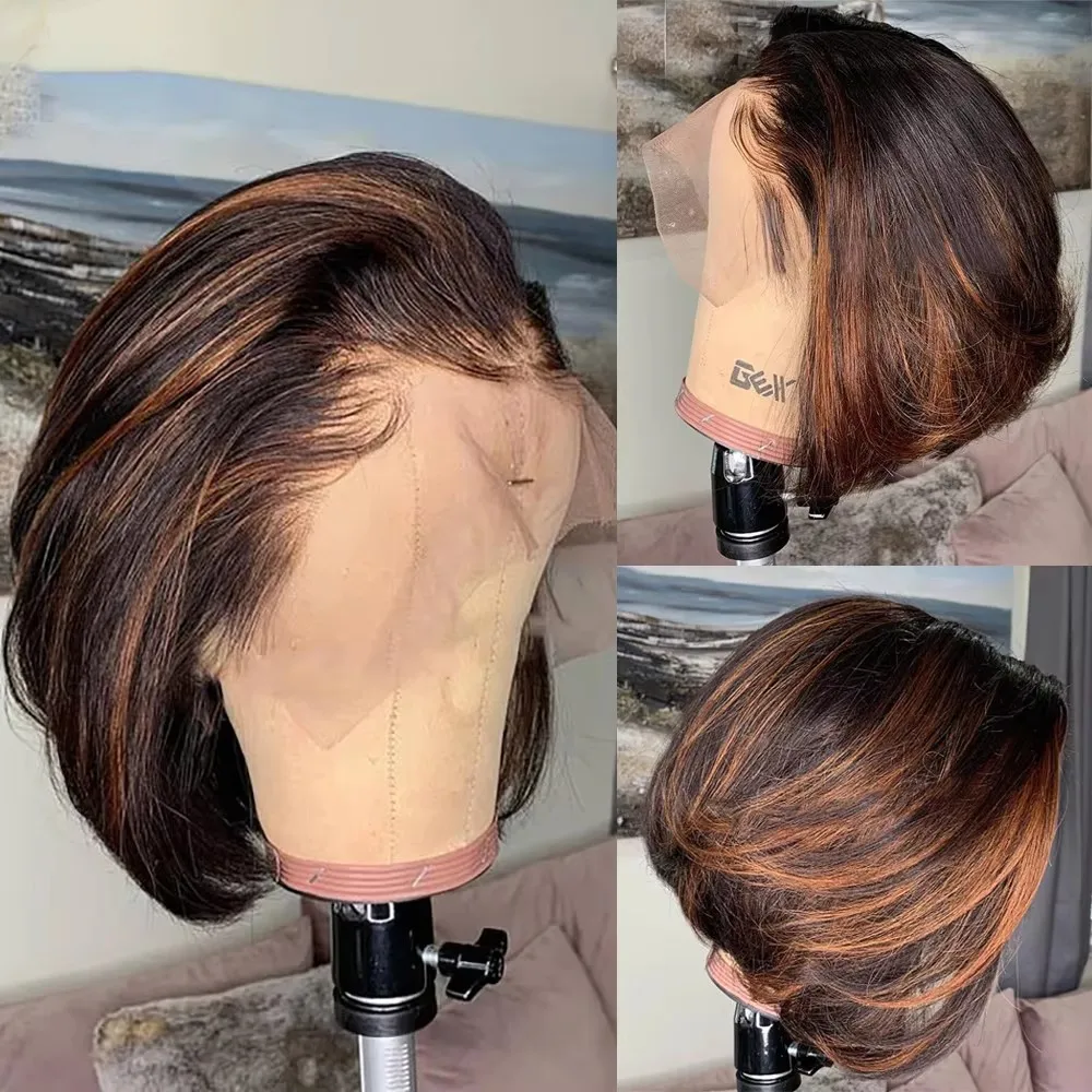 

Короткий парик-боб с кружевной передней частью, цвет медово-блонд, из бразильских волос Remy, стрижка пикси, 13x1, для женщин, с предварительно вычесанной линией роста волос