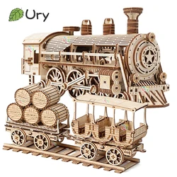 Ury 3D Wooden Puzzle Movable Retro Steam Train Double-decker Bus Handmade Assembly Truck Model DIY Toys Decoration Gift for Kids