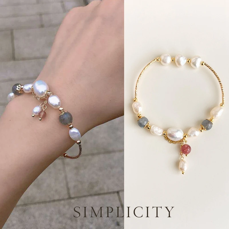 

Baroque Natural Freshwater Pearl Moonstone Strawberry Crystal Bracelet Quartz Beaded Handmade Jewelry For Women Wedding Gift